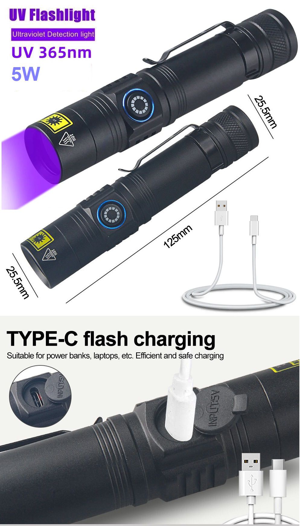 Linterna UV 365nm 5w.USB